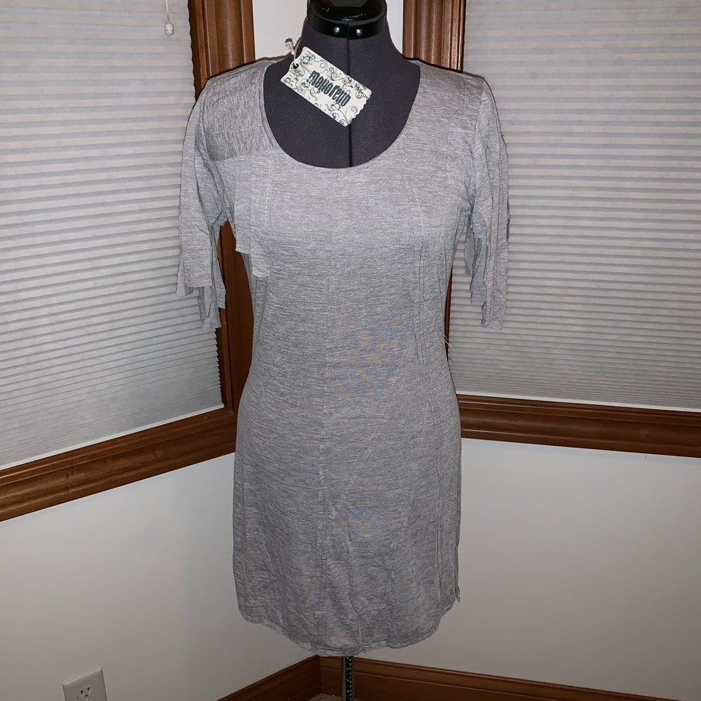 Grey T-Shirt Fringe-Sleeved Mini Dress NWT